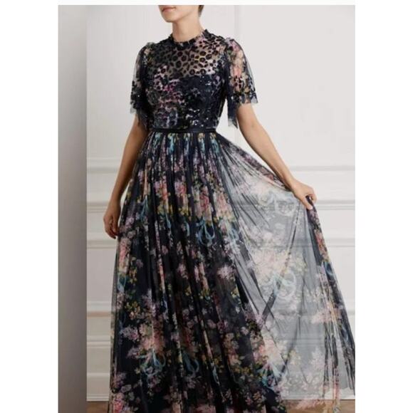 NEEDLE & THREAD Sz 8 UK 4 US Black Floral Beaded Long Maxi Dress Gown NWT - Picture 13 of 15